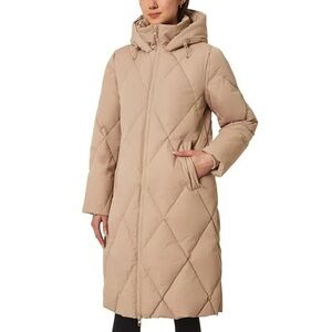 Mondetta Taupe Diamond-Quilt Long Puffer Coat with Hood